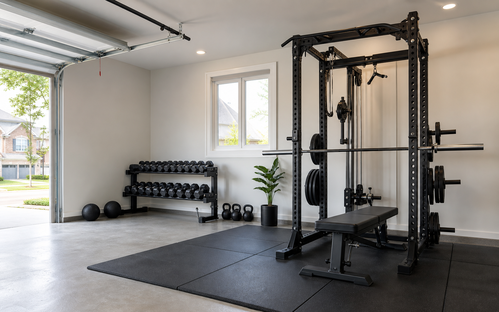 Private garage gym with a rack, dumbbells, and open training area
